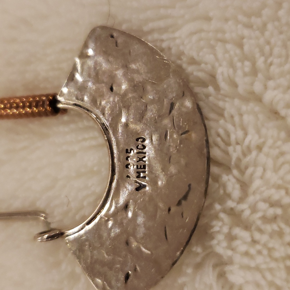 Hammered Mexico Sterling Silver Circle Moon Crescent Drop Hoop Earrings, 2" long - Picture 3 of 3